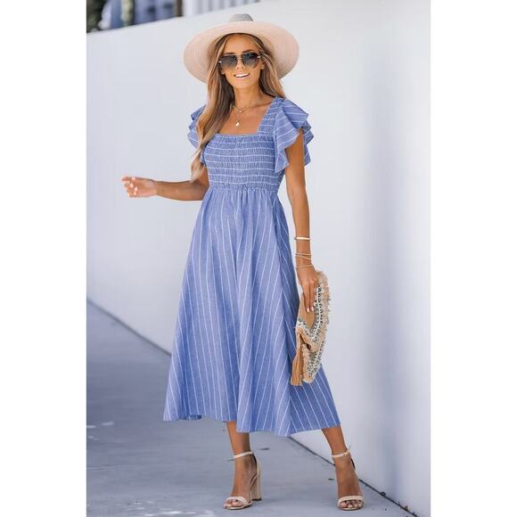 Cupshe Blue Pinstriped Smocked Maxi Beach Dress Ruffle Cap Sleeve Size Large NEW - Picture 1 of 13